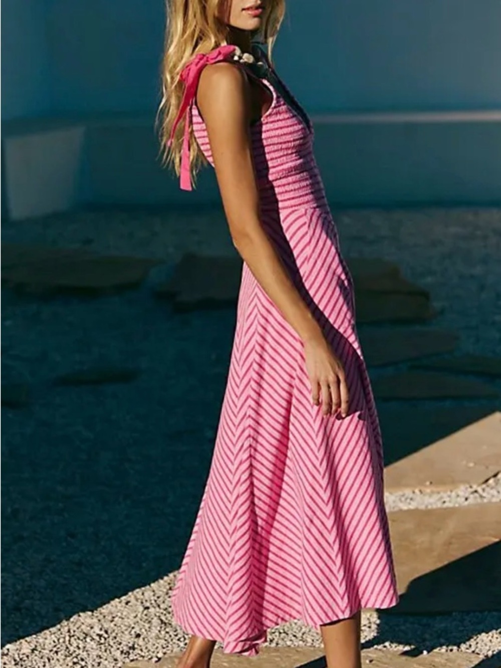 Free People Pink Cecelia Striped Tie-Shoulder Midi Dress - Picture 2 of 8